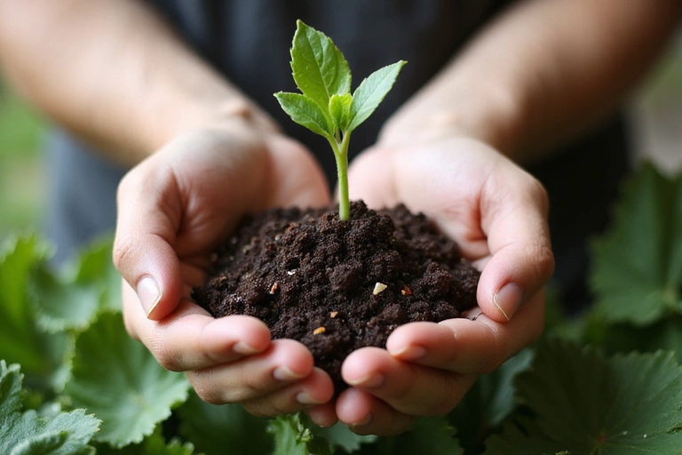 Hands holding a plant sprout, symbolizing growth, sustainability, and life, with a blurred background of healthy food ingredients.