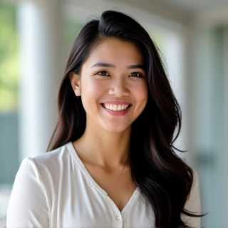 Professional headshot of Miss Elara Putri, a young female nutritionist with an enthusiastic smile, wearing a modern professional outfit.