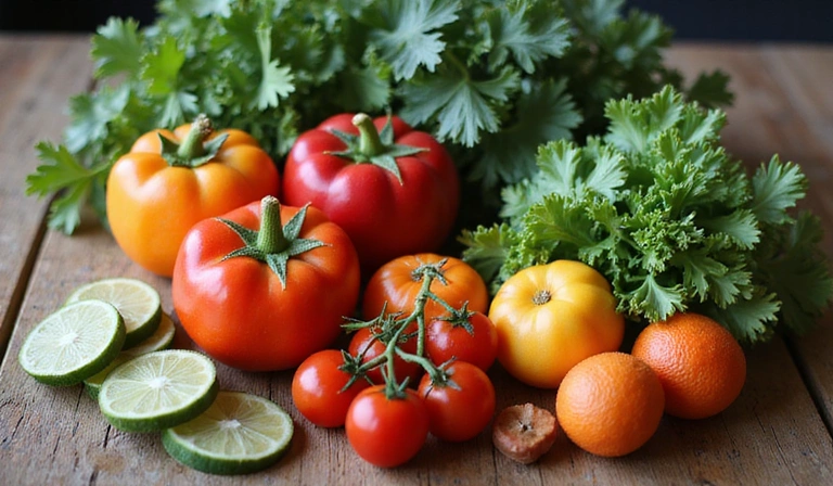 Fresh vegetables and fruits arranged aesthetically, symbolizing healthy food choices.