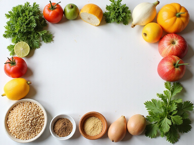 A variety of healthy foods, with focus on specific ingredients, clean and informative